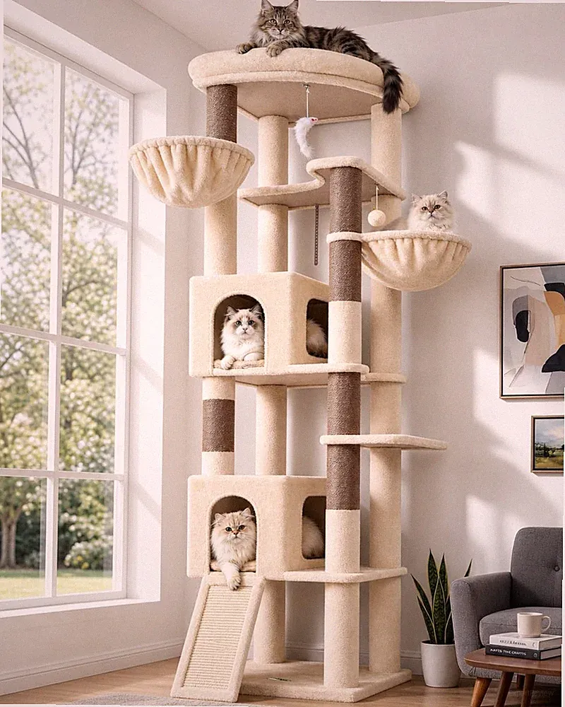 Globlazer Kratzbaum Beige XXL Groß Katzen Stabil 204 cm mit 2 Große Katzenhaus