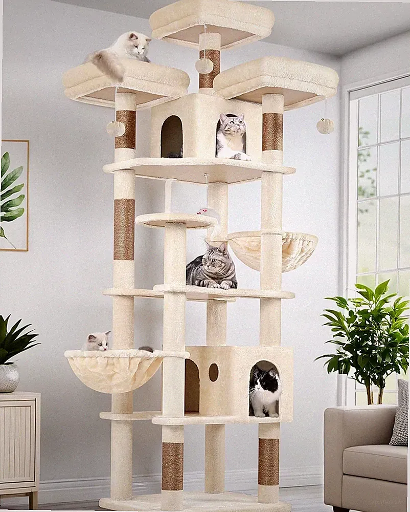 Globlazer Kratzbaum Beige XXL Große hoch 209 cm mit 3 Gepolsterte Sitzstangen, 2