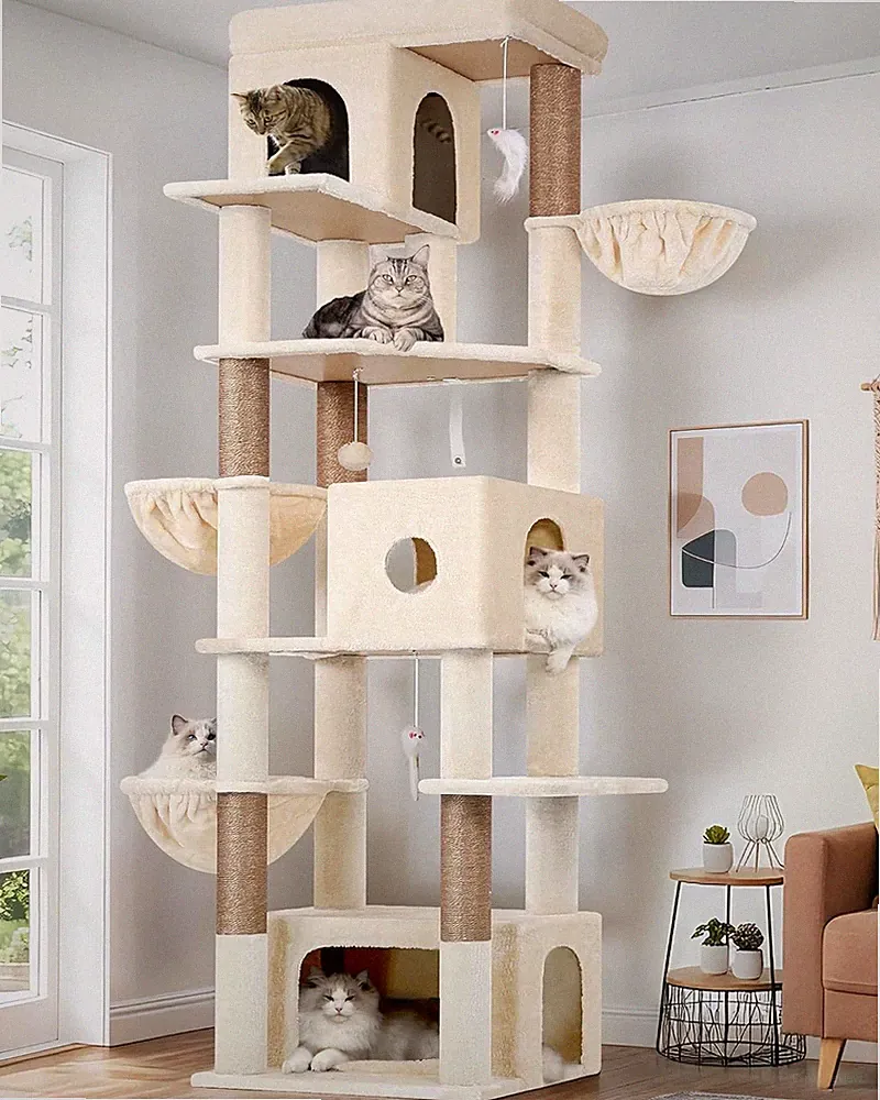 Globlazer Kratzbaum Beige XXL hoch 204 cm mit 3 Katzenhaus, 2 Große