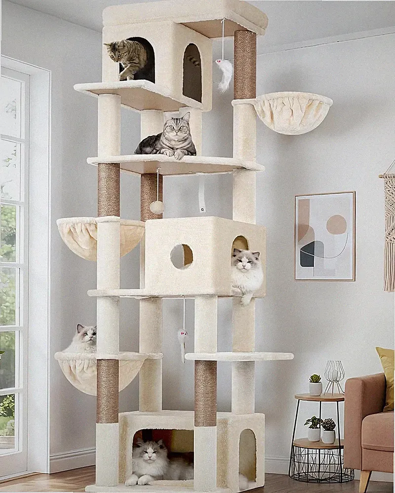 Globlazer Kratzbaum Beige XXL Hoch 204 Cm Mit 3 Katzenhaus, 2 Große Plattformen