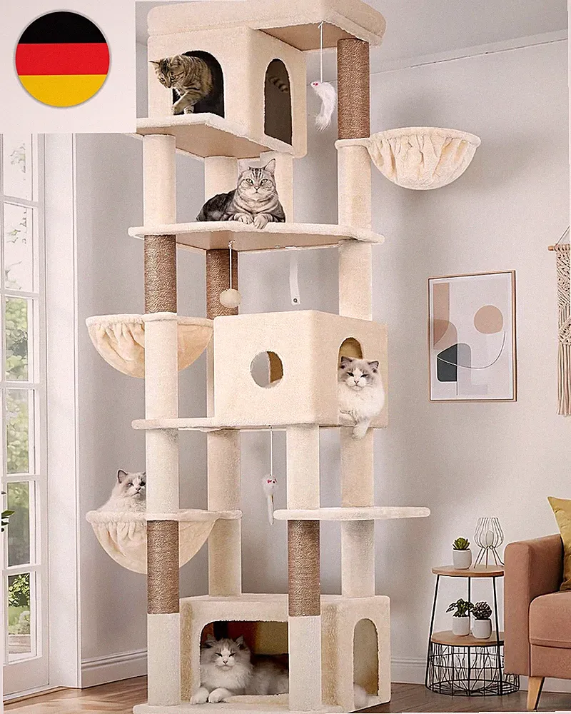 Globlazer Kratzbaum Beige XXL Hoch 204 Cm Mit 3 Katzenhaus, 2 Große Plattformen