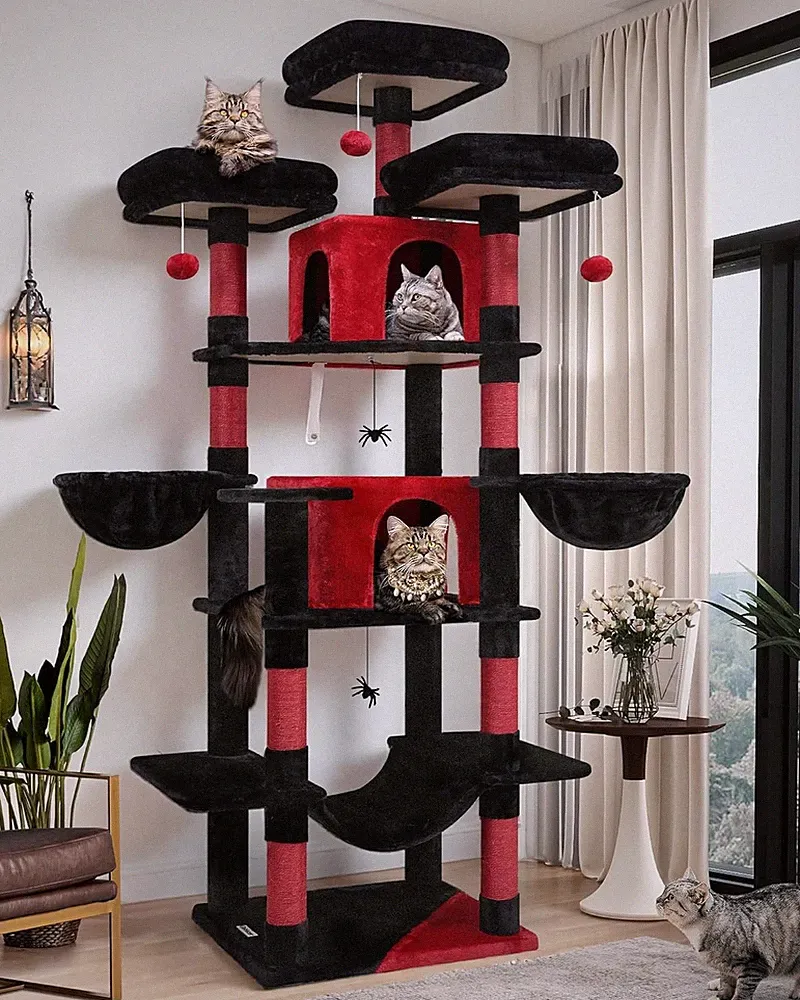Globlazer Kratzbaum Gotisch Schwarz Rot Große XXL hoch 204 cm mit 3 Gepolsterte