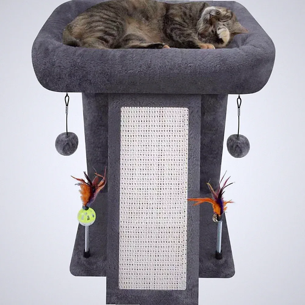 Grauer Kratzbaum für Indoor-Katzen, Kletterbaum, Katzenmöbel mit Spielzeugbällen
