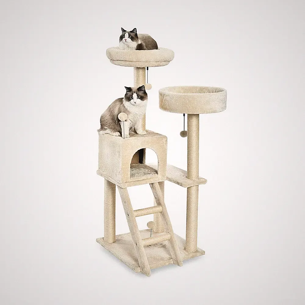 Großer Katzenkratzbaum 127 cm mit Plattformen & Häuschen beige mehrstöckig