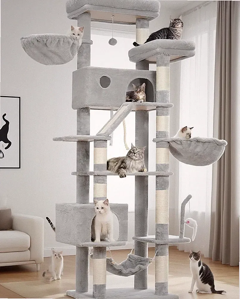 Großer Katzenkratzbaum 200 cm mit Plattformen Hängematte Sisalsäulen