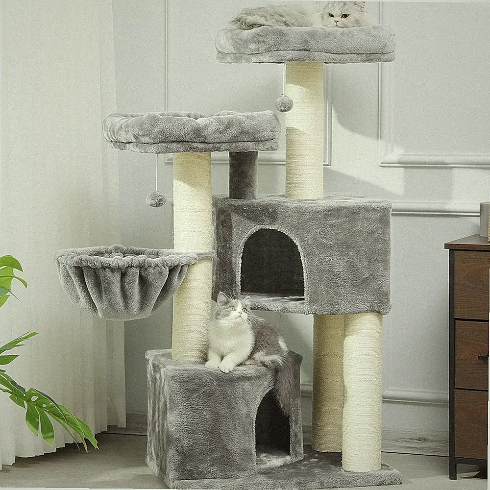 Großer Katzenkratzbaum mit 2 Höhlen & 2 Plattformen – stabiles Sisal & Anti‑Kipp