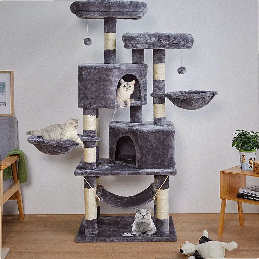 Großer Katzenkratzbaum mit 2 Plattformen 145cm Natur Sisal Plüsch Innen