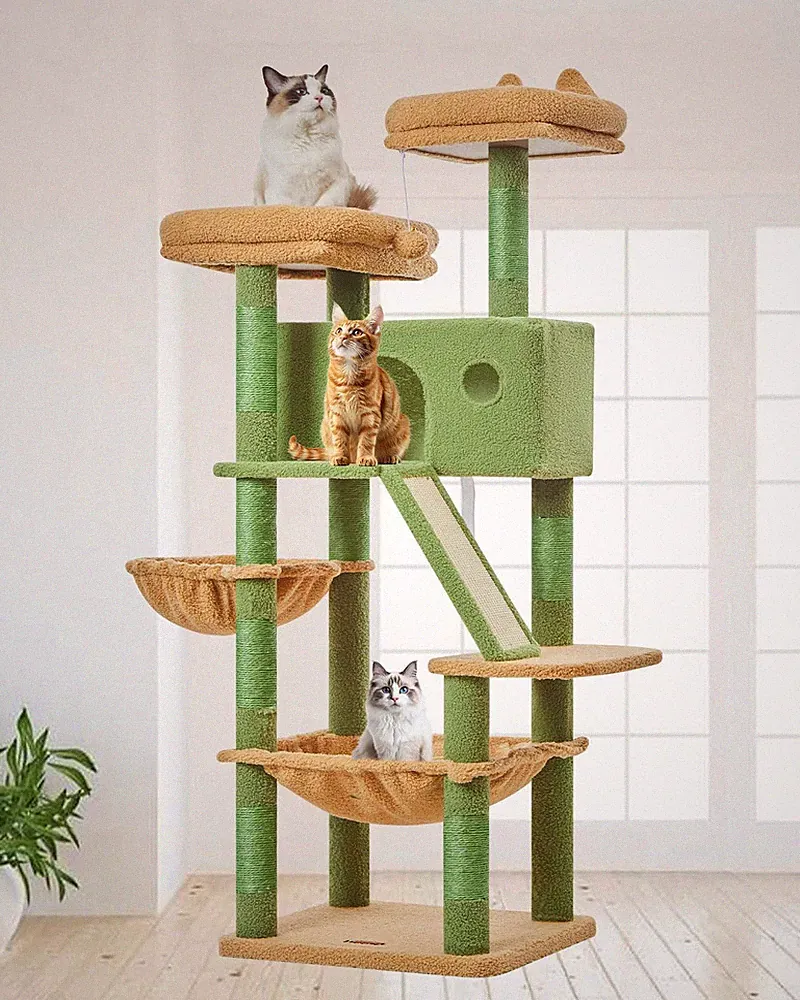 Großer Katzenkratzbaum mit Hängematte Korb und 8 Säulen für aktive Katzen