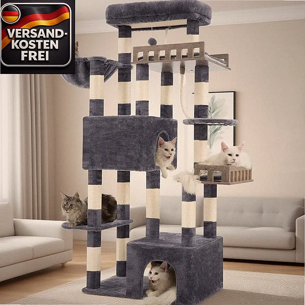 Großer Katzenkratzbaum mit Höhlen & Hängematte für große Katzen, 174 cm
