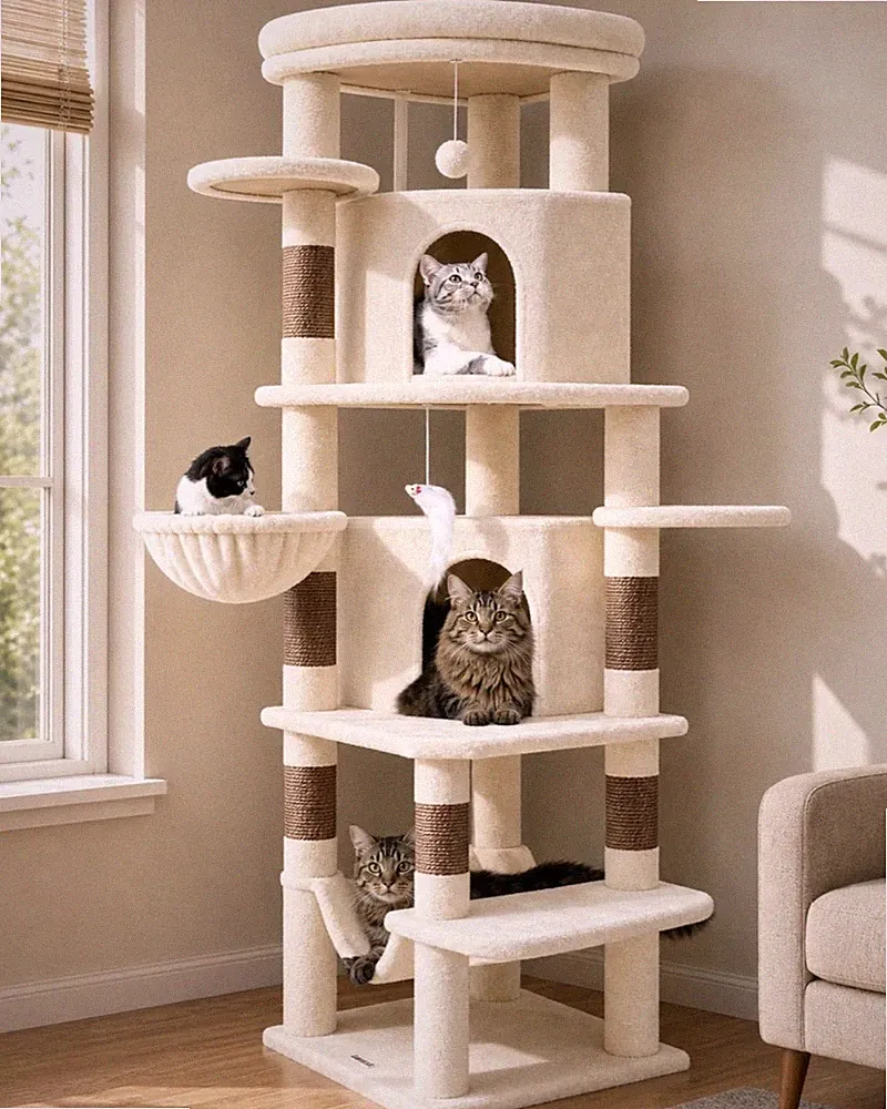 Großer Kratzbaum Eckmodell mit zwei Höhlen, Hängematte für mehrere Katzen.