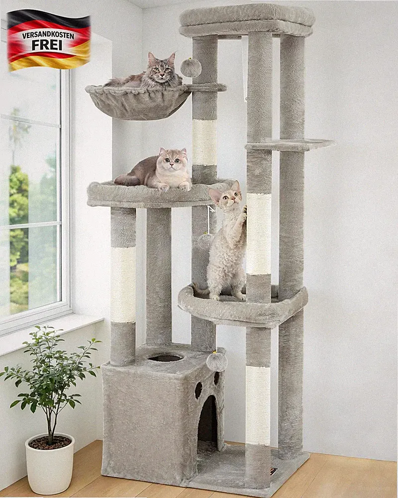 Großer Kratzbaum für große Katzen Mehrstöckig stabil 170 cm mit Höhle und Hängem
