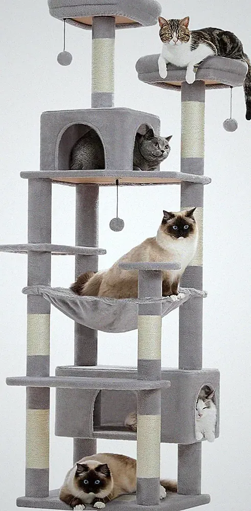 Großer Kratzbaum für Katzen, 184 cm, mit Hängematte und Sisalpfosten, Grau