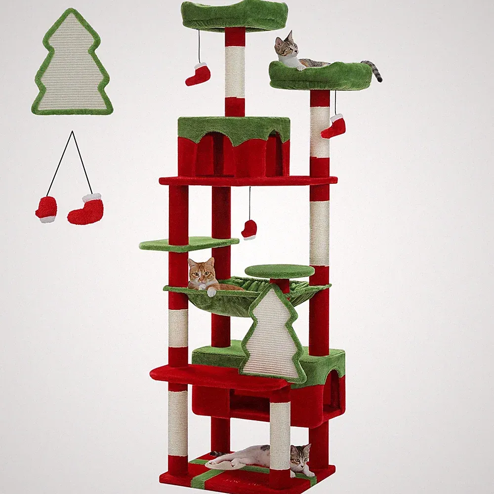 Großer Kratzbaum mit Sisalstämmen Hängematte und Spielzeug für Hauskatzen