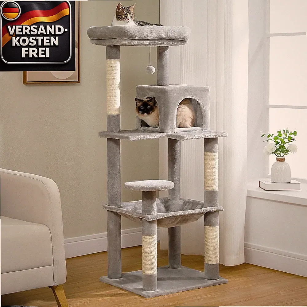 Großer mehrstufiger Kratzbaum für große Katzen mit Hängematte und Katzenhaus