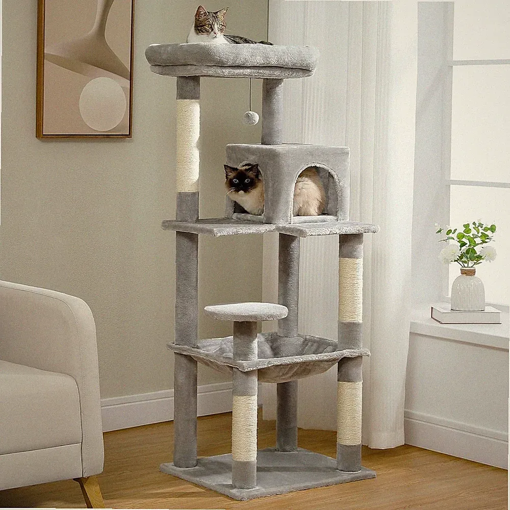 Großes Katzen-Aktivitätszentrum | Stabiler 143 cm Kratzbaum in Grau | 6 Ebene...
