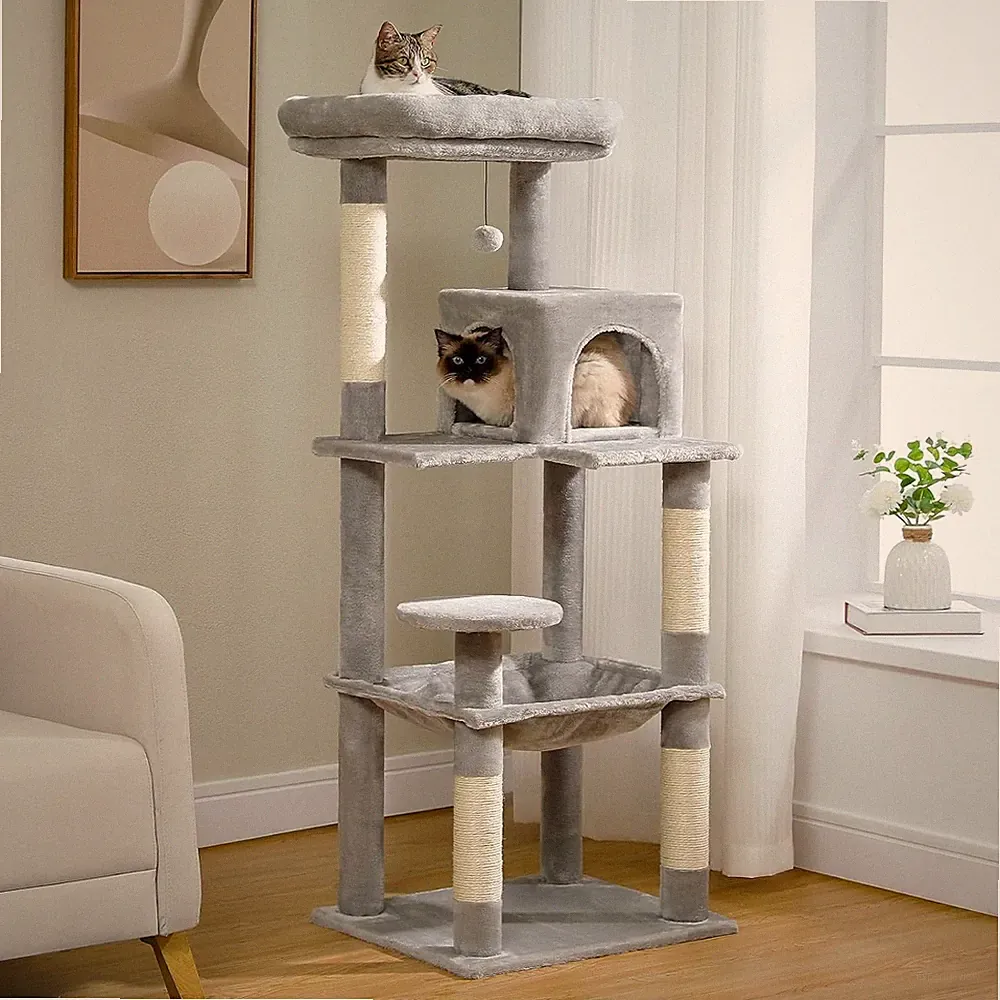 Großes Katzenkratzbaumzentrum - 143 cm, stabil, grau, Plüsch, 6 Ebenen, Sisal
