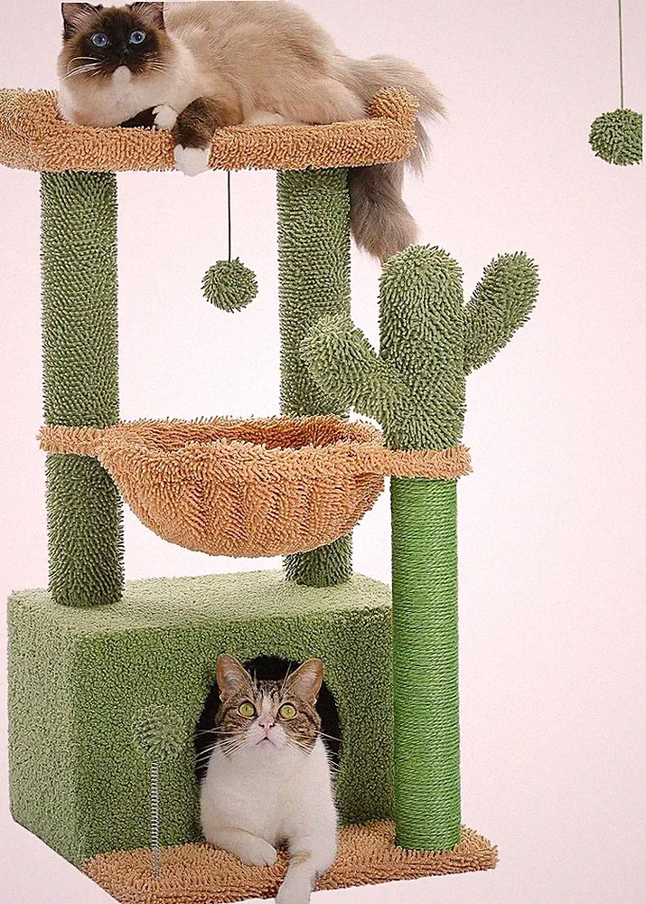 Grüner Kaktus-Kratzbaum für Indoor-Katzen mit Hängematte