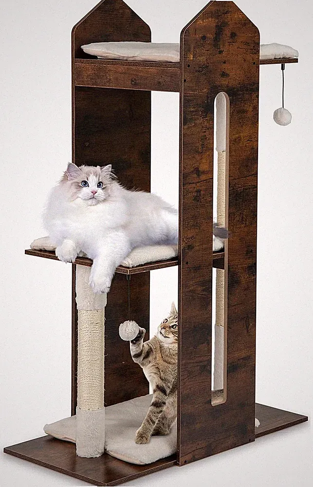 GYMAX 120 Cm Hoher Katzenbaum, Mehrstufiger Katzenbaum Mit 3 Plattformen & 2 Sis