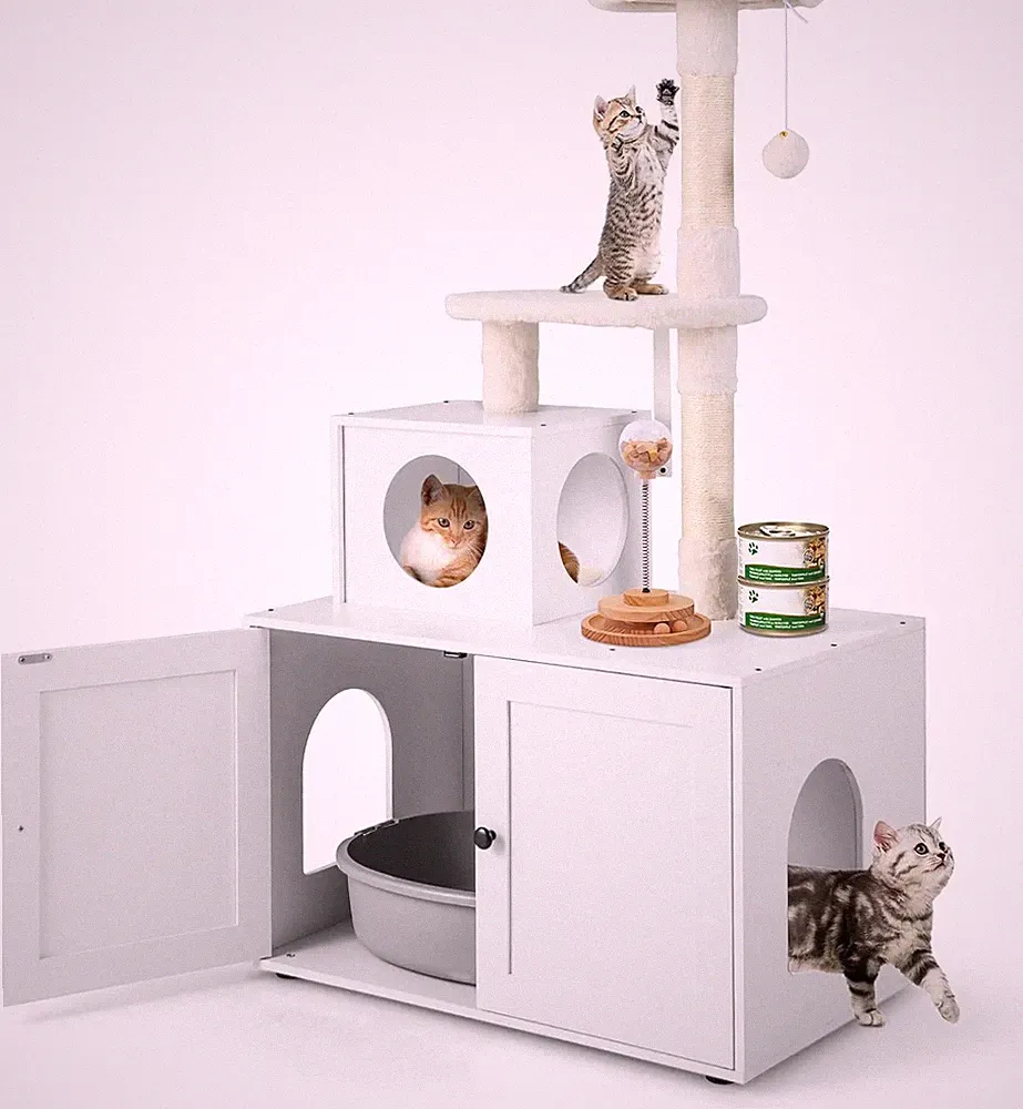 GYMAX 2-In-1 Kratzbaum 132 Cm, Multifunktionaler Katzenbaum Mit Katzentoilette