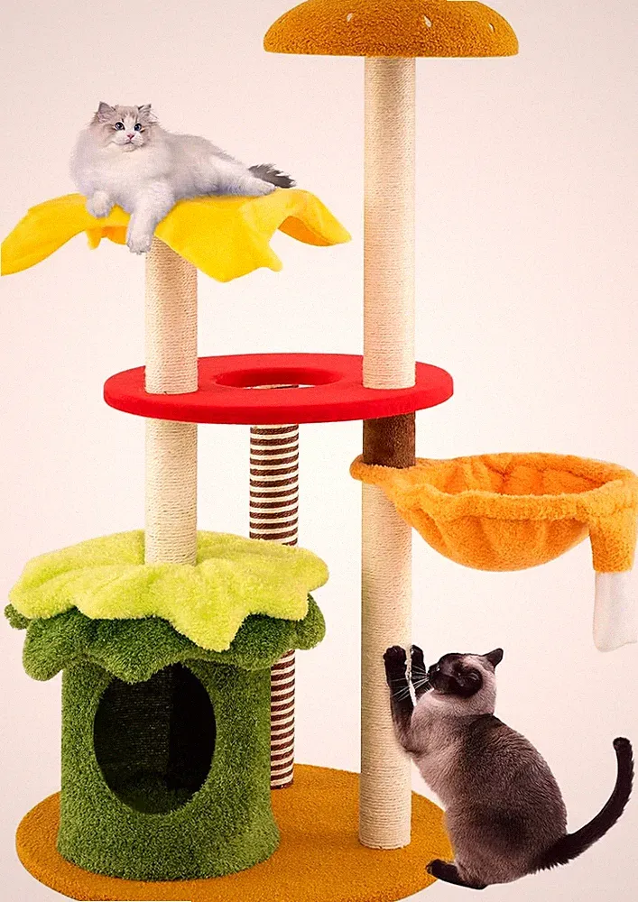 GYMAX Burgerform Kratzbaum 117 Cm Hoch, Katzenbaum Mit Schlafkorb, Gepolsterter