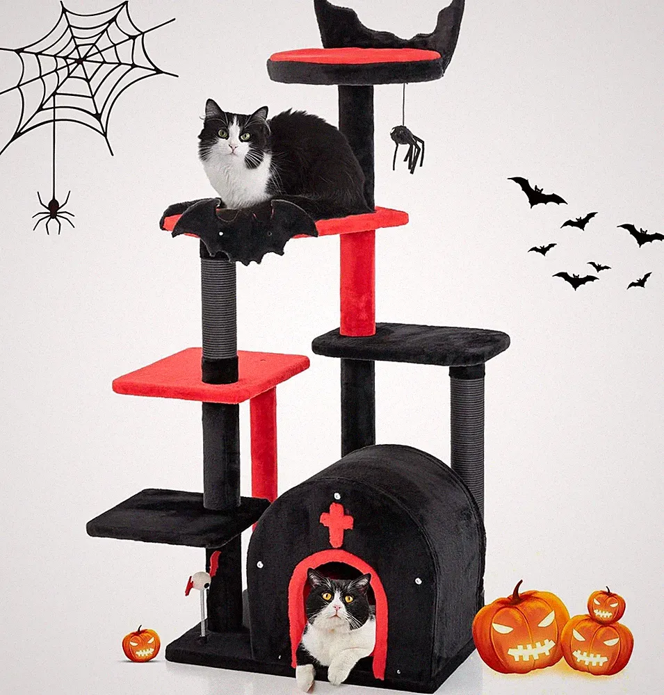 GYMAX Gothic Kratzbaum Groß, 134Cm Hoch Katzenbaum Mit 3 Sisalsäule, 1 Katzenhau