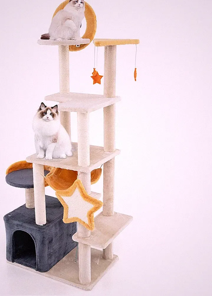 GYMAX Kratzbaum 160 Cm, 8-Stöckiger Katzenturm Mit Katzenhöhle & Hängematte, 2 P