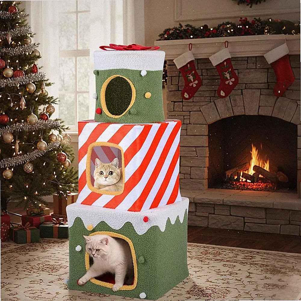 GYMAX Kratzbaum Weihnachten, 3-Stöckiges Katzenbaum Mit 3 Kuschelhöhlen, Hängend