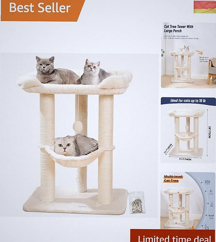 Happi N Pets 71CM Kratzbaum für Katzen, Hoher Kratzstamm mit großem Bett für...