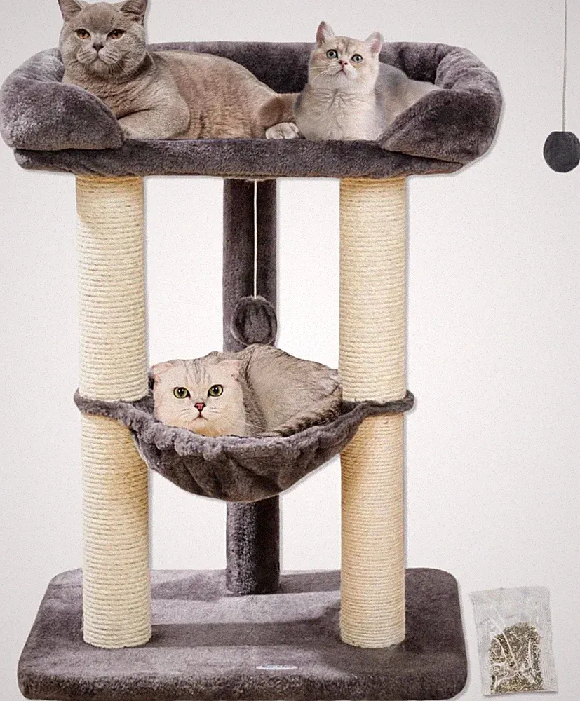 Happi N Pets Kratzbaum 72 cm für Katzen, Sisal-Kratzstamm, 3 Ebenen, Grau, Bett
