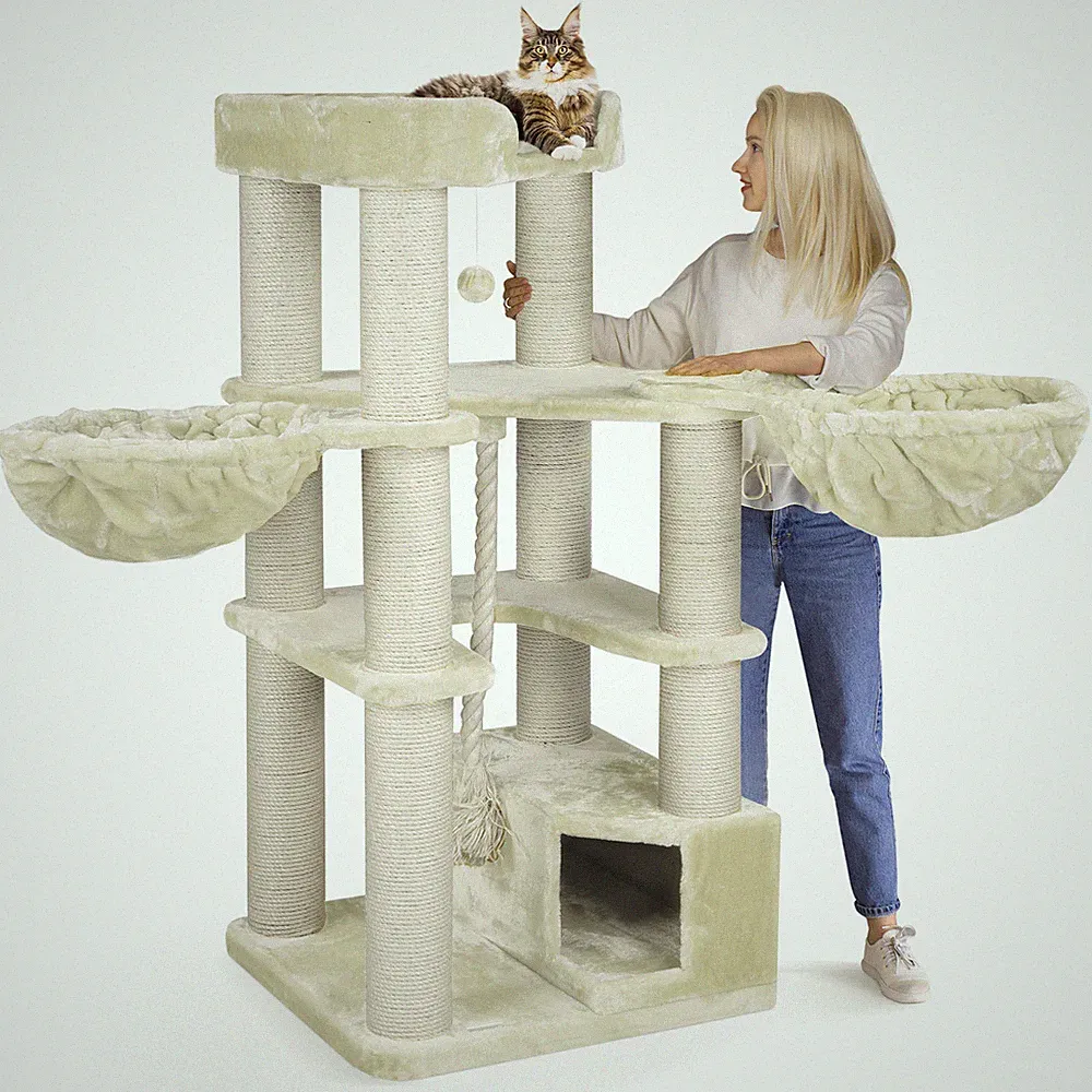 happypet® massiver Kratzbaum große Katzen mit Haus u. Spiel-Tau 161 cm CREME