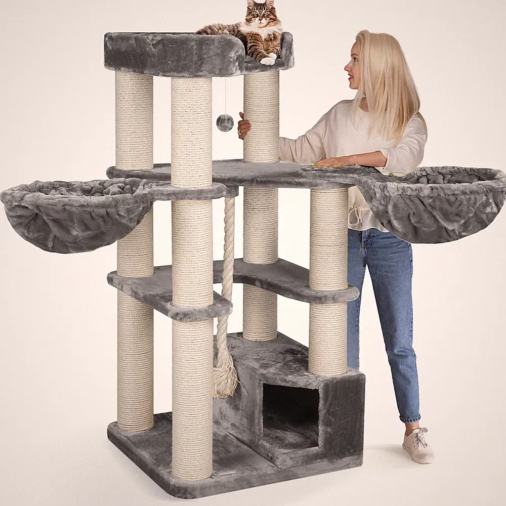 happypet® massiver Kratzbaum große Katzen mit Haus u. Spiel-Tau 161 cm GRAU