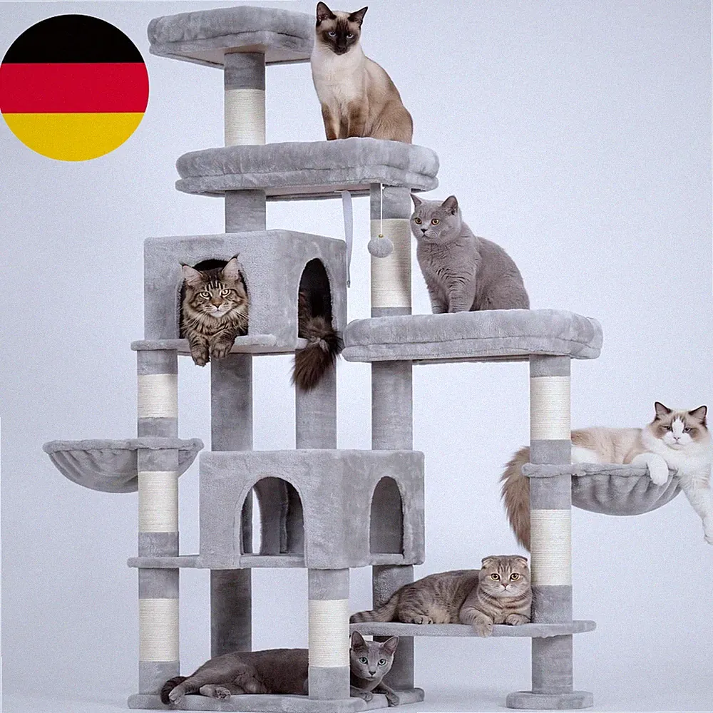 Hey-brother XXL Kratzbaum 180cm Katzenbaum 3 Plattformen 2 Körbchen Hellgrau