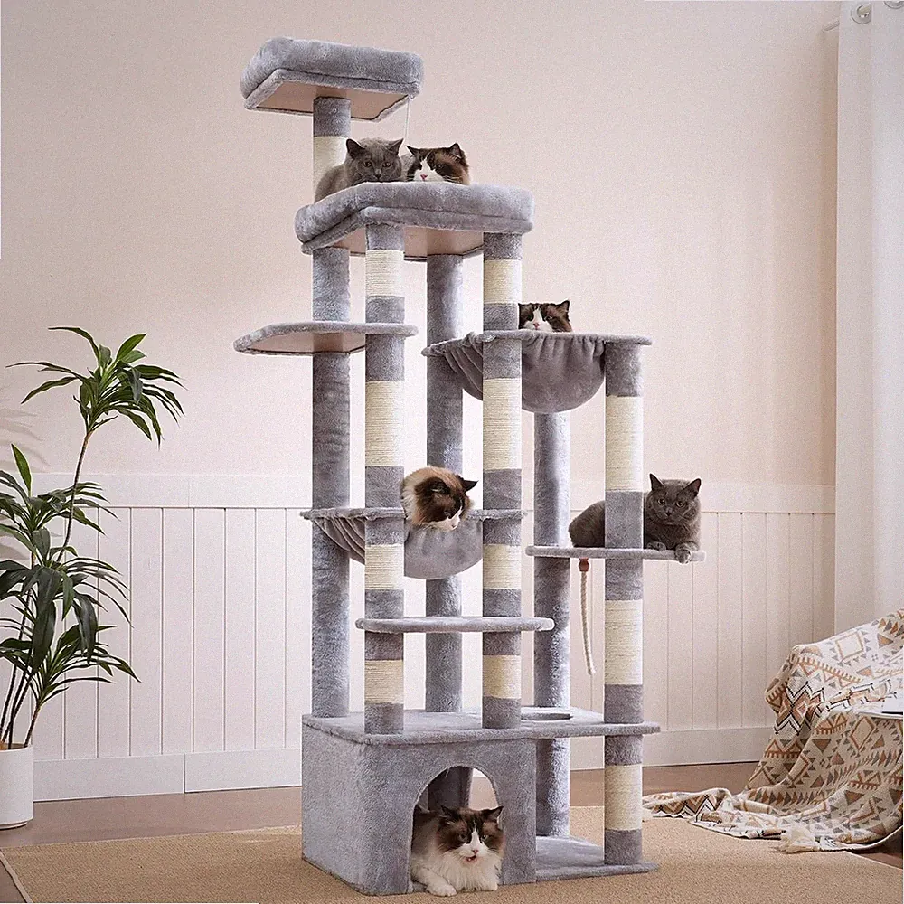 Heybly Katzenbaum „Maine Coon Tower“, hellgrau, 2 Hängematten, 12 Kratzstämme