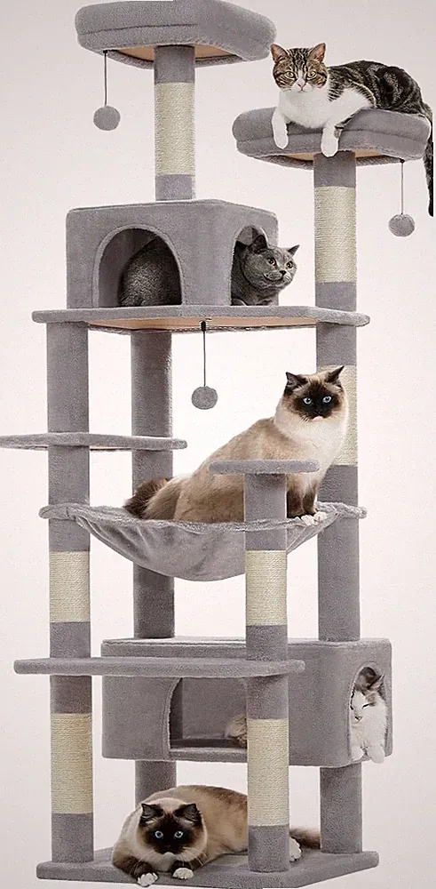 Hochwertiger Katzenturm 184 cm Grau für große Katzen mit Sisalpfosten