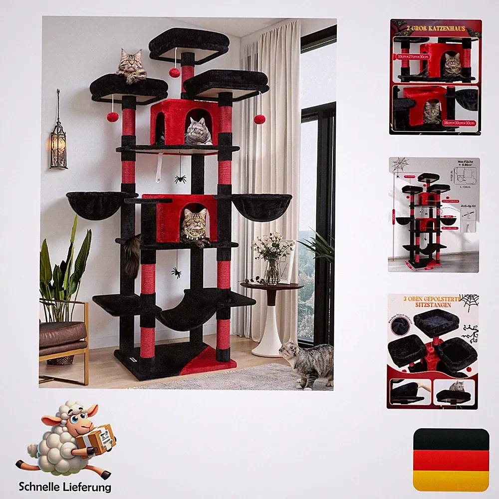 Hochwertiger Kratzbaum Gothic, 204 cm, für 3-5 Katzen, rutschfest und kippsicher