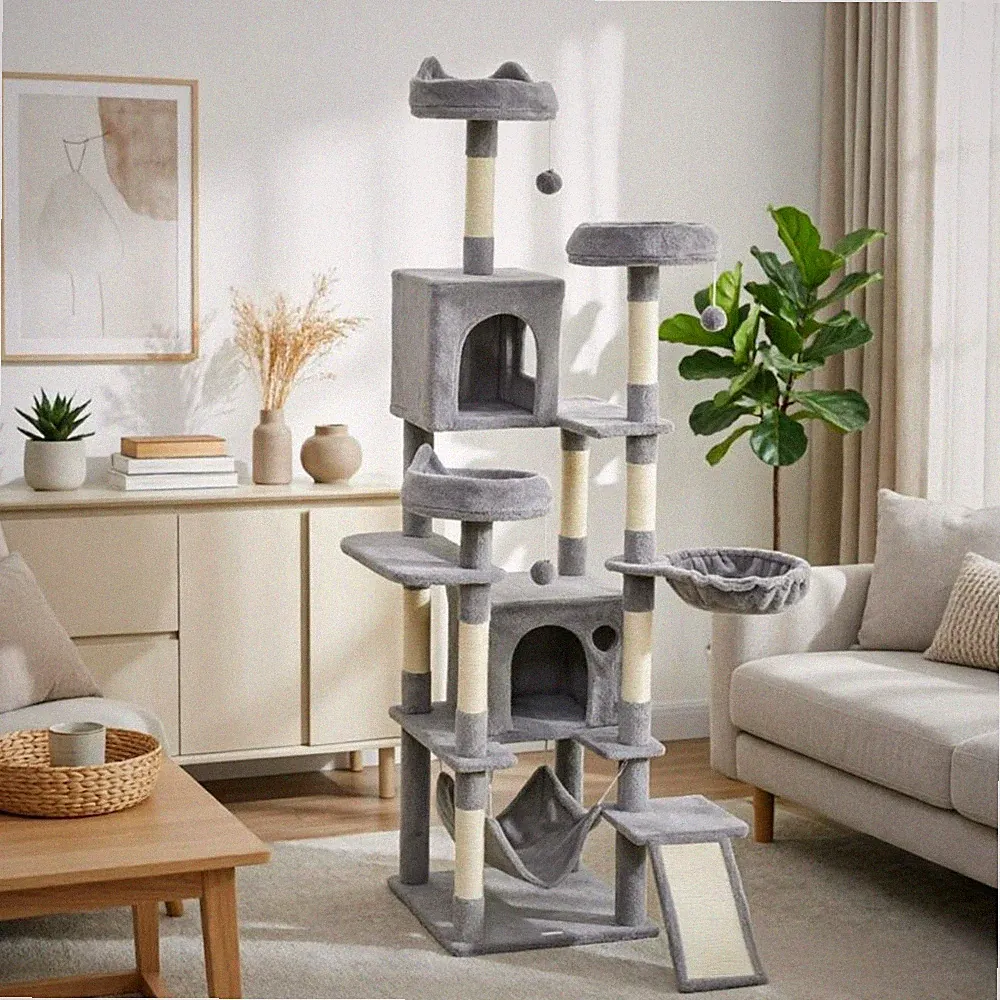 Höhenverstellbarer Katzenbaum mit Deckenbefestigung für Katzen, 225‑255 cm Höhe