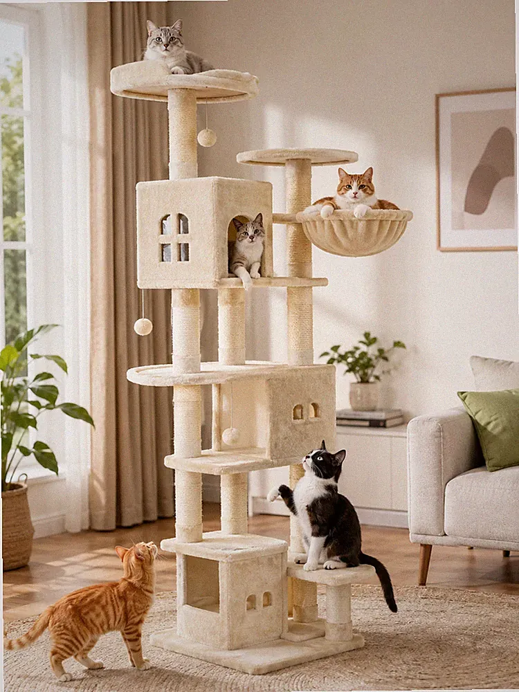 Hzuaneri XXL Kratzbaum 193cm Katzenbaum Beige 3 Höhlen Hängematte Neuwertig