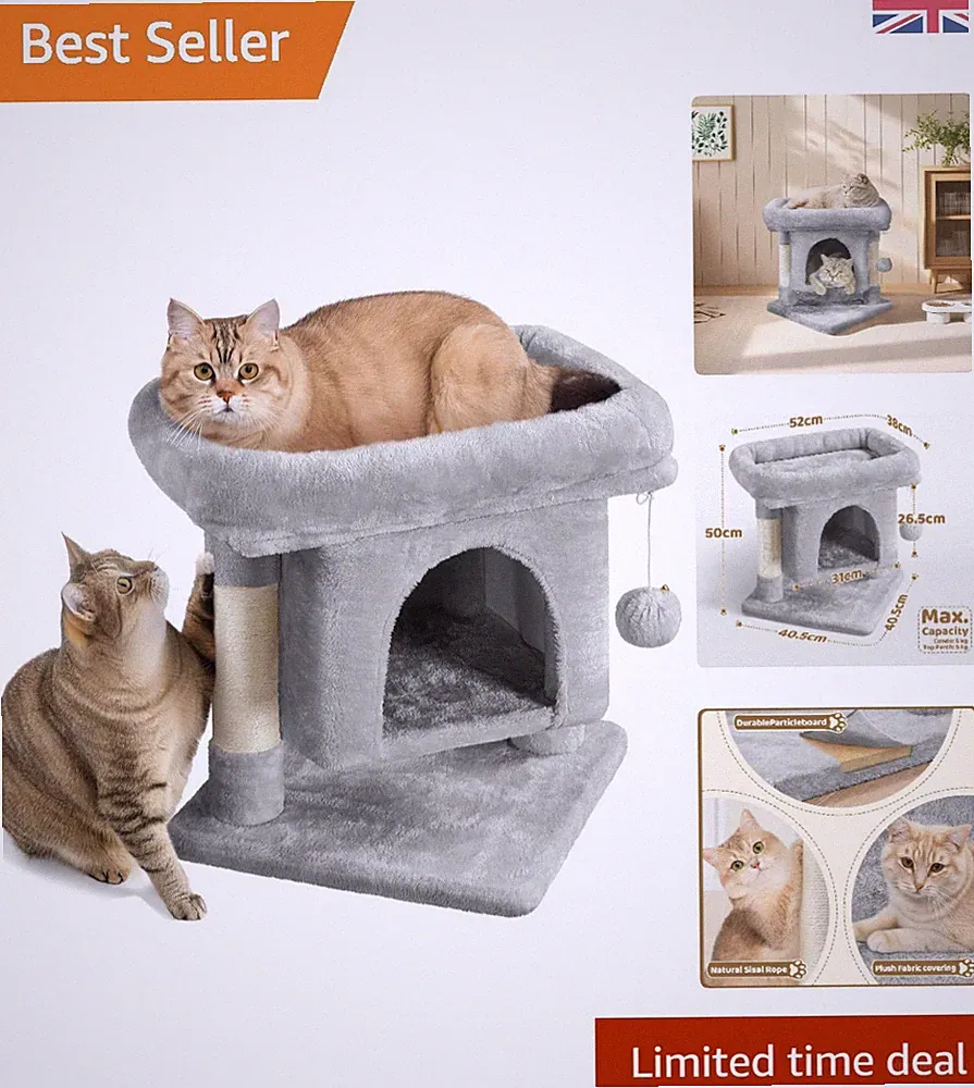 Indoor Katzenkratzbaum Turm: 3-stöckiges Spielhaus mit Plüsch Loungebereich