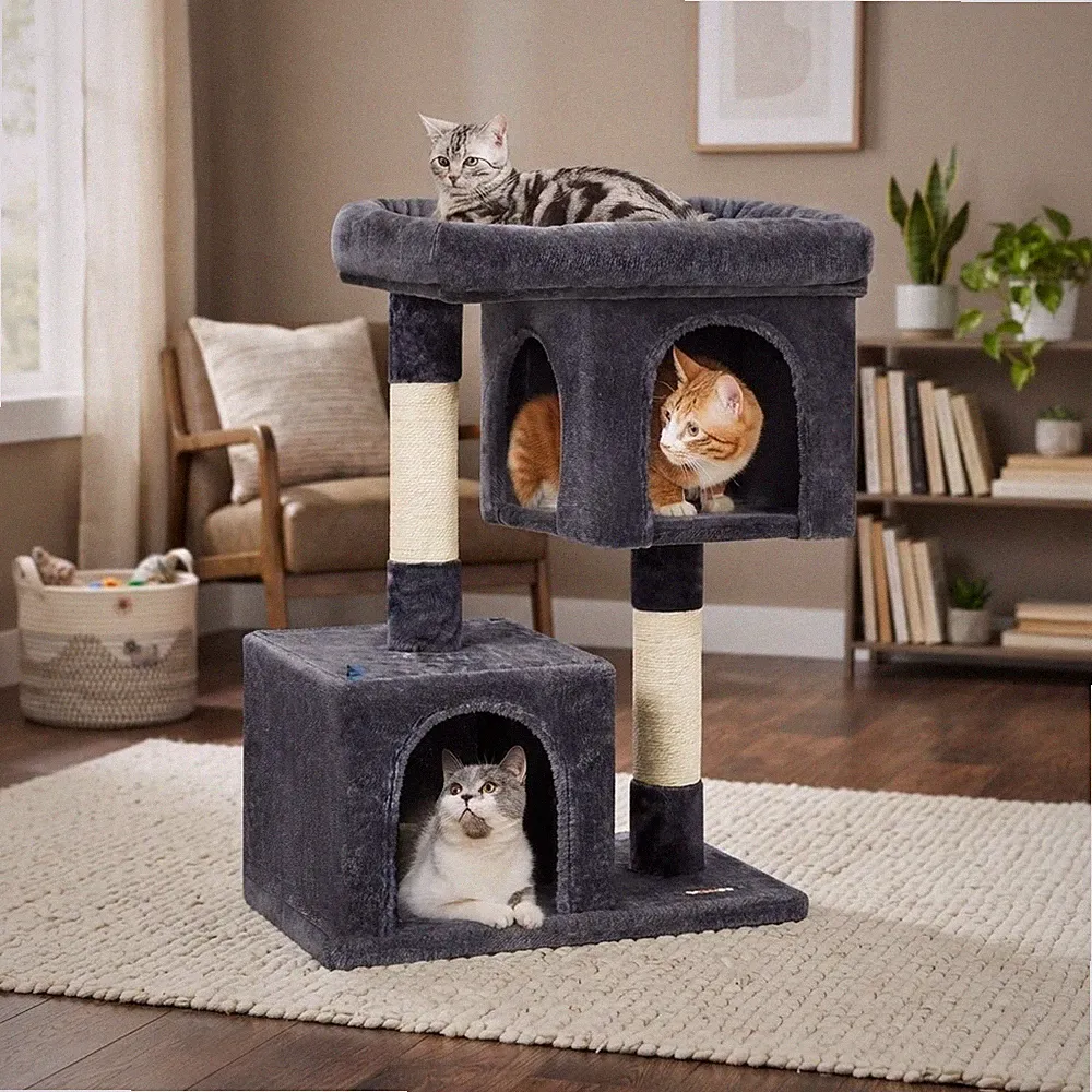 Indoor Katzenturm 84 cm mit 2 gemütlichen Höhlen & Kratzbäumen - perfekt für große Katzen