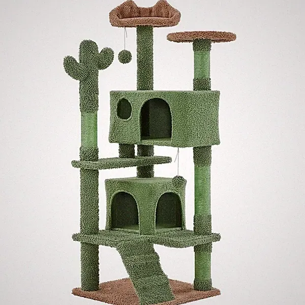 Kaktus Kratzbaum Modern Katzenbaum mit Aussichtsplattform 138cm hoch Grün-Braun