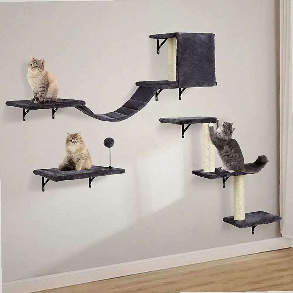 Katzen Kletterwand 4er Set - Holz Katzenmöbel Wandpark Kratzbaum Hängematte Cat