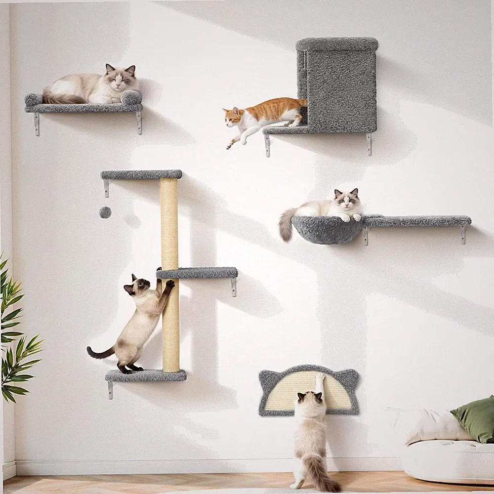Katzen Kletterwand Kratzbaum Wandhängend Set mit Hängematte Holz Sisal