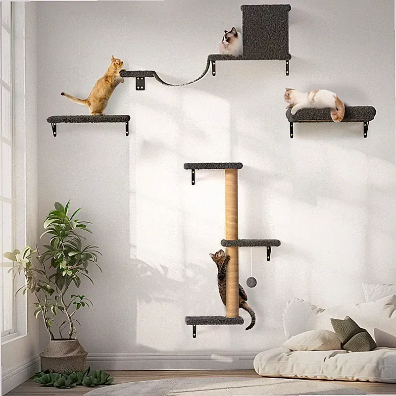 Katzen-Kletterwand Set 10-teilig Multiplex mit Katzenhängematte und Brücke Grau