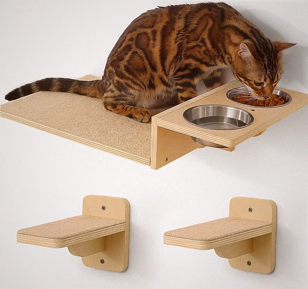 Katzen Kletterwand Set 3-in-1 Spiel Kratzbaum Futterstation | Naturholz