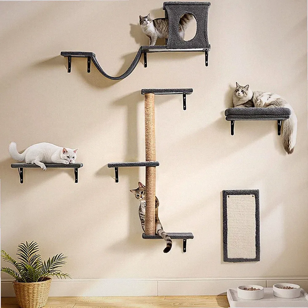 Katzen Kletterwand Set Holz Kratzbaum Kratzbrett Höhle Hängebrücke 18 kg
