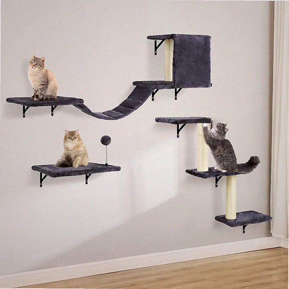 Katzen Kletterwand Set Katzenbaum Hängematte Höhle Brücke Kratzbrett Holz Grau