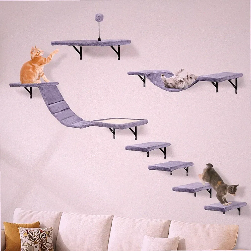 Katzen Kletterwand Set mit Katzenbaum Kratzbrett Hängematte Wandmontage