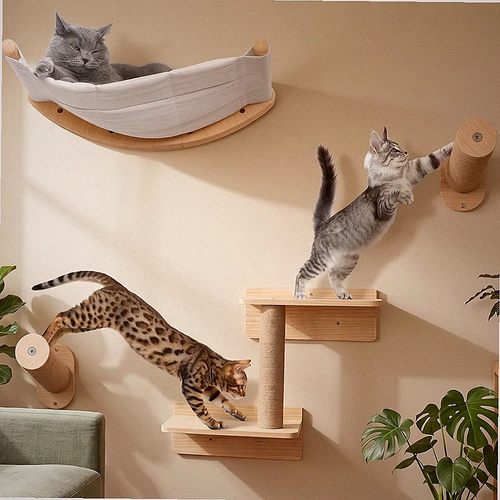 Katzen kletterwand Set mit Wandstufen, Katzenliege&Kratzbrett - Kratzbäume Möbel