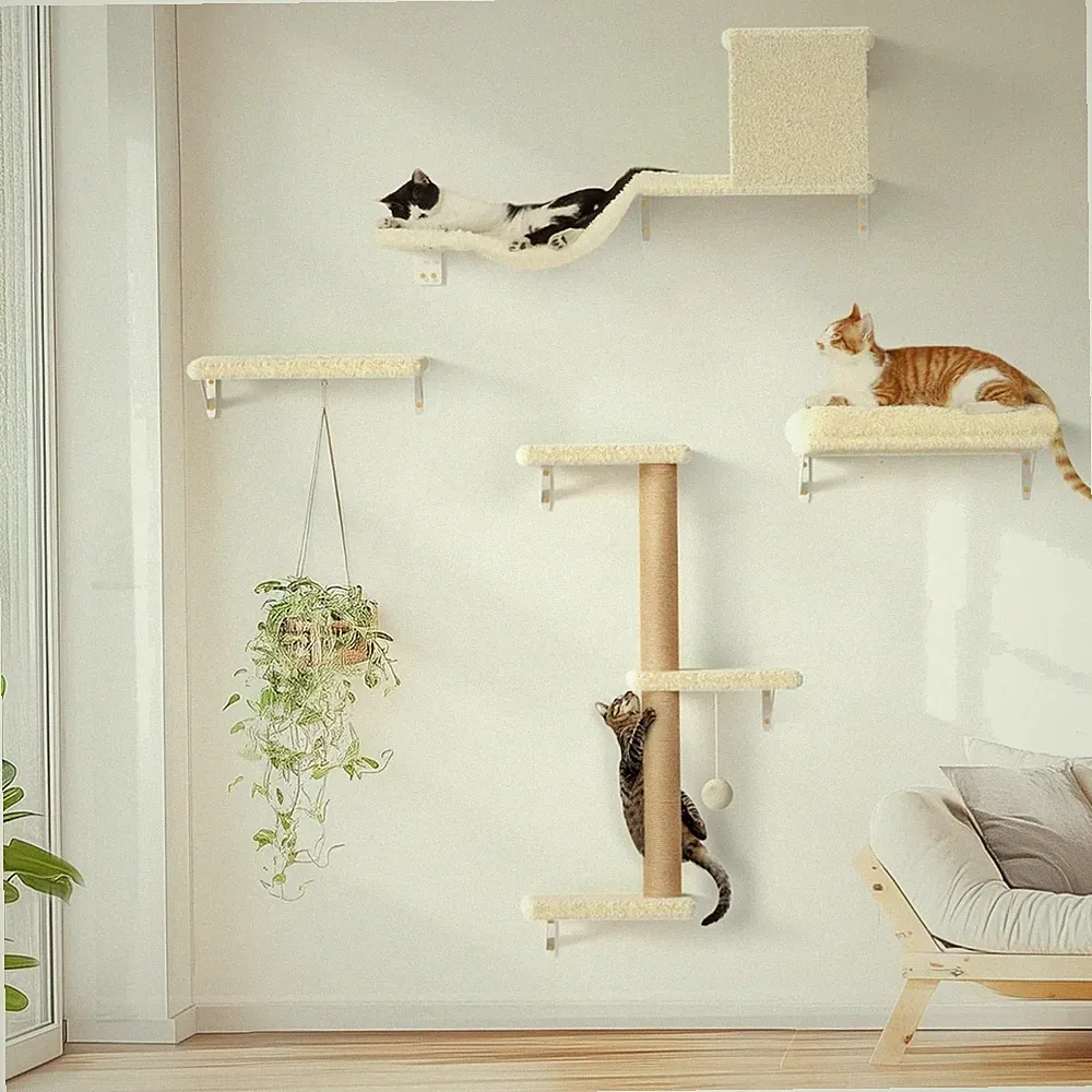 Katzen Kletterwand Set, Wandmontage, Beige, 4 Ebenen, Kratzbaum, Hängematte