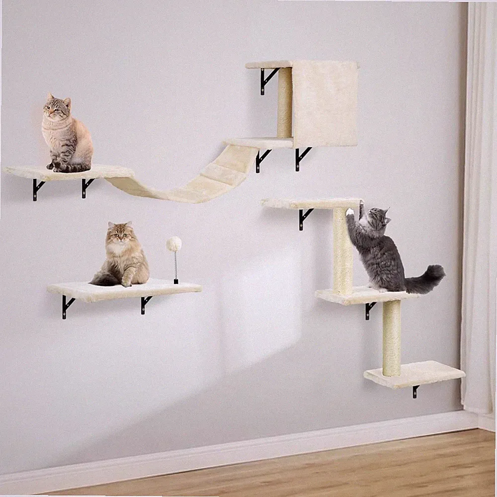 Katzen Kletterwand Set, Wandmontage, Holz, Kratzbaum, Hängematte, Beige